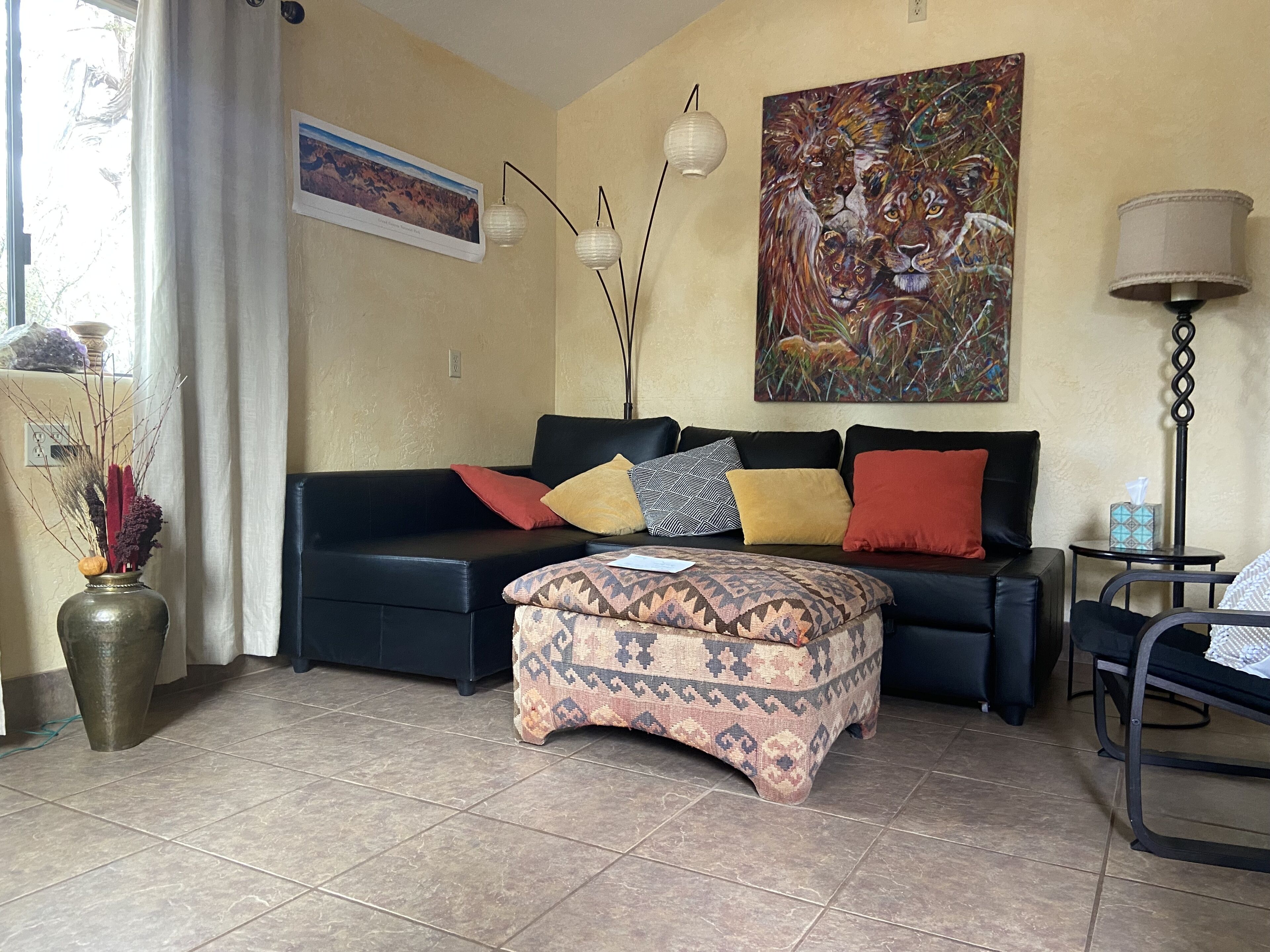 Smart TV, fireplace, DVD player, books