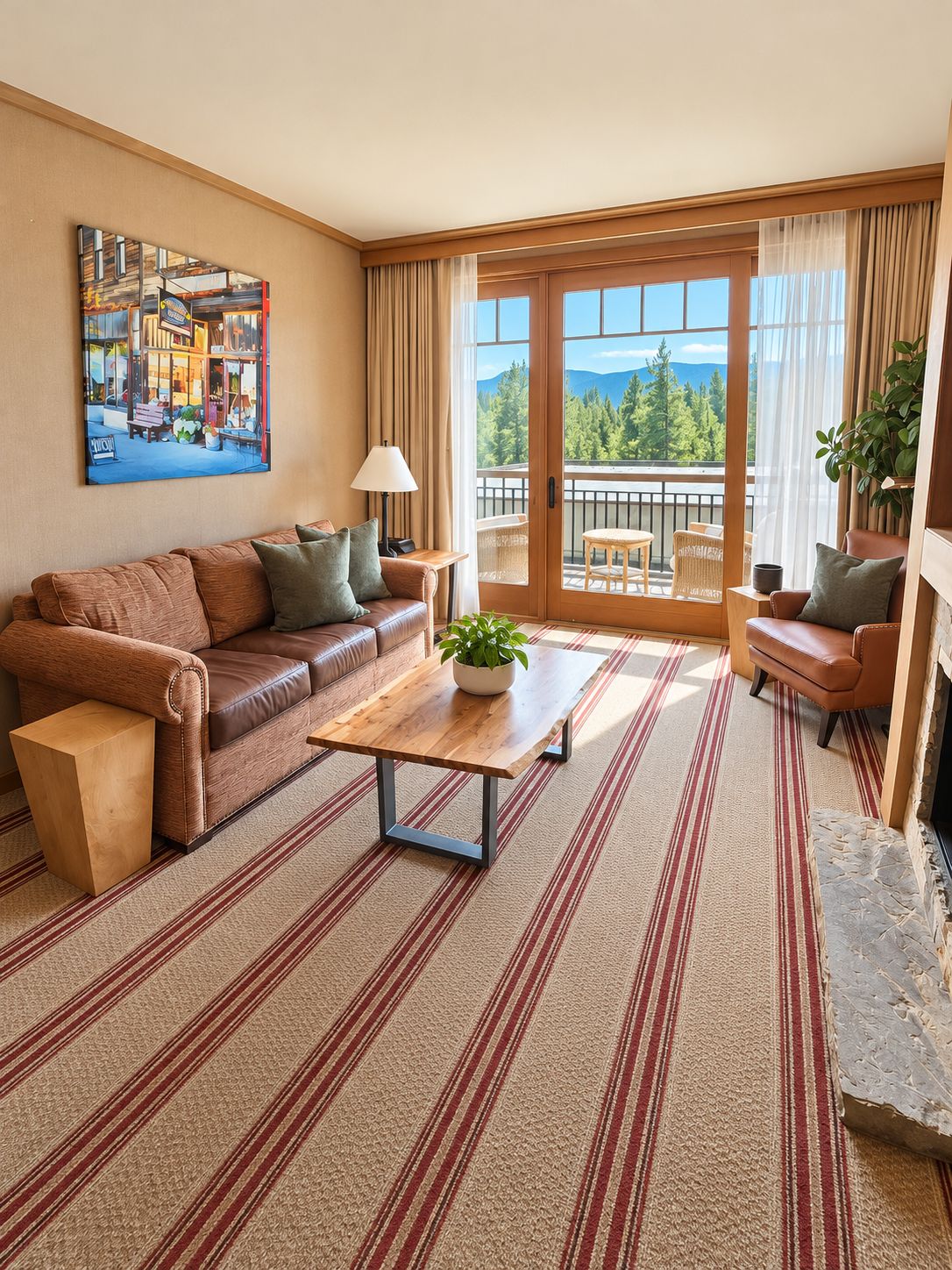 Cozy lodge-style living room with fireplace and scenic mountain-view balcony