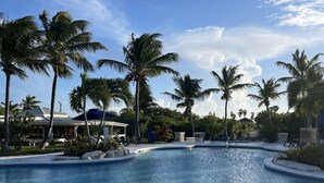 A clear blue pool surrounded by palm trees and a building with a blue roof.