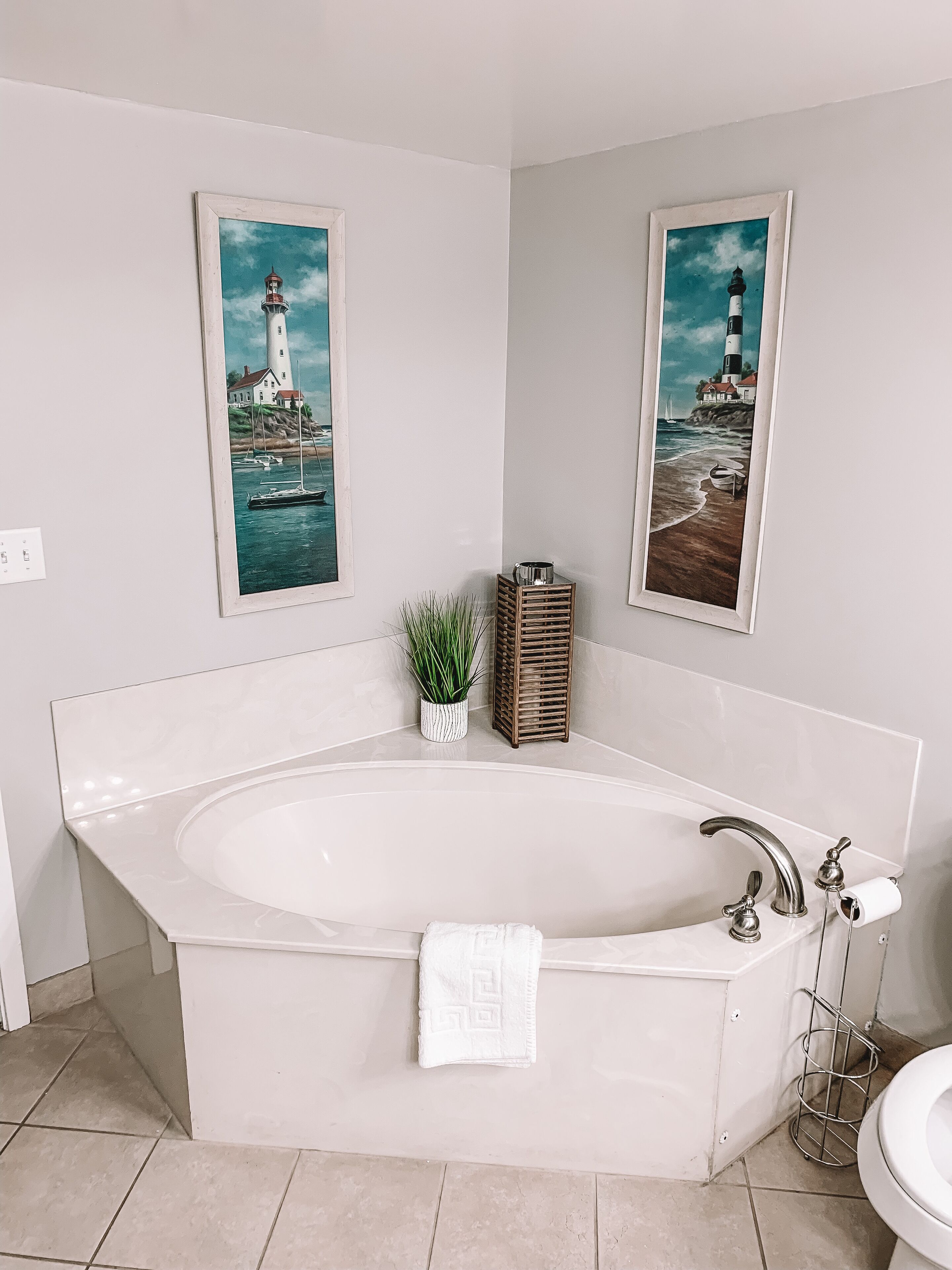 Combined shower/tub, towels