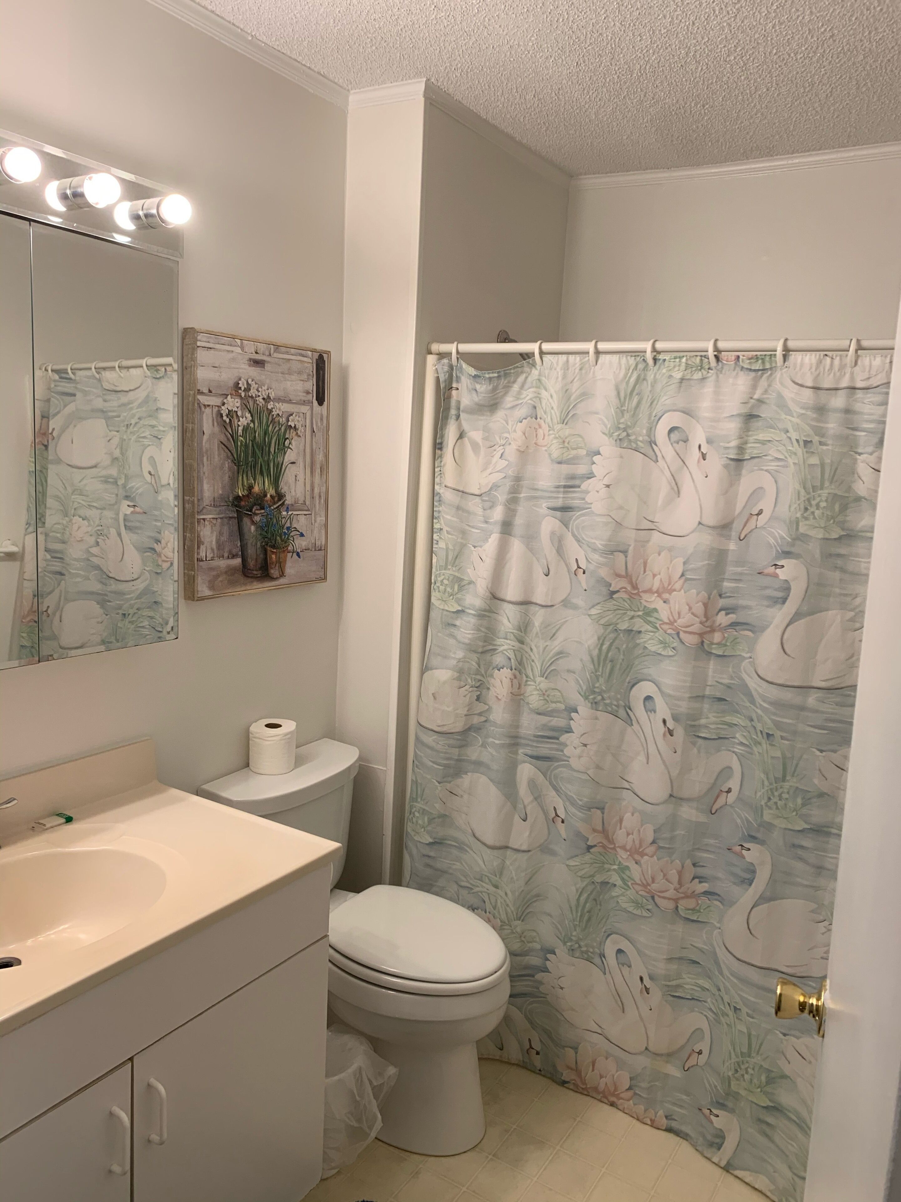 A bathroom with a toilet, sink, and a shower curtain with swan and floral patterns.