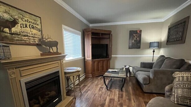 A living room with a fireplace, a ceiling fan, a sofa, and a television.