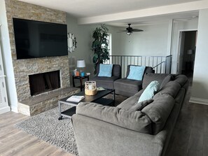 TV connectée, cheminée, lecteur de DVD, livres