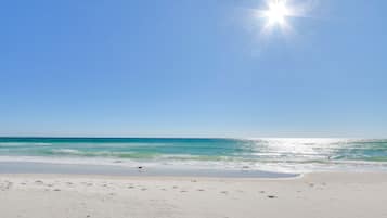 On the beach, sun loungers