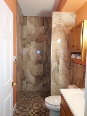 Combined shower/bathtub, towels, soap, shampoo