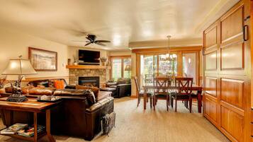 Smart TV, fireplace, books, video library