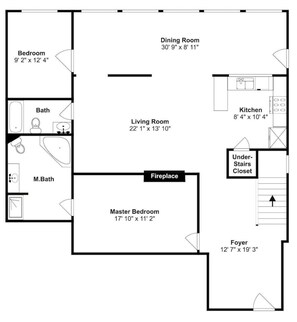Grundrids med et soveværelse, spisestue, opholdsstue, badeværelse, køkken, entre og et skab under trappen.