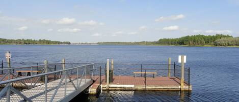 A wooden dock extending into a calm lake with a clear sky.