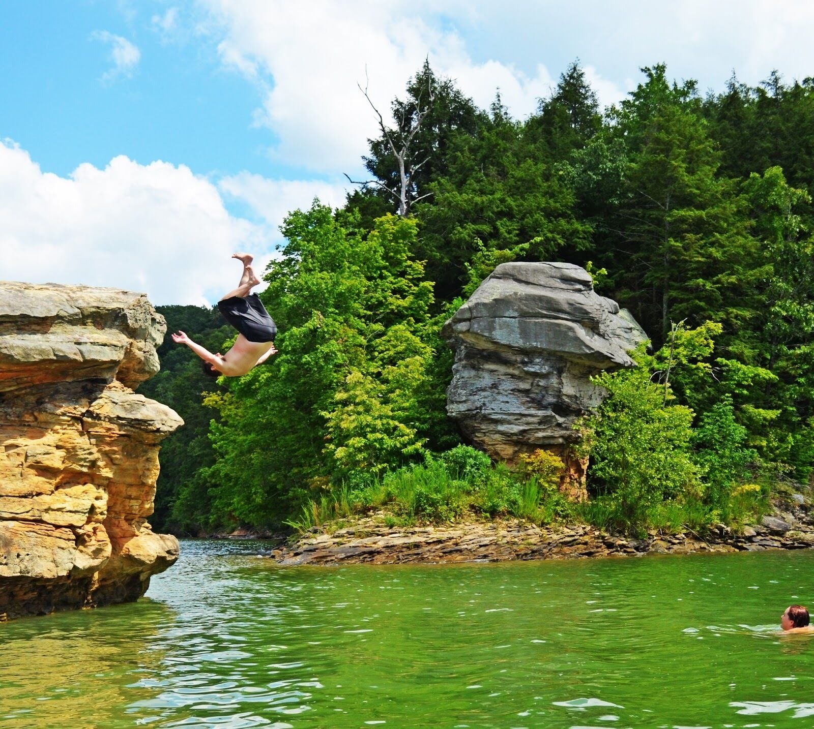 A person jumping off a rocky cliff into a body of water surrounded by dense greenery.