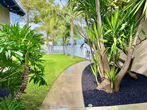 A pathway leading through a garden with various plants and a white fence in the background.
