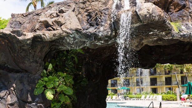 Ein Pool mit Wasserfall, umgeben von Felsen und Pflanzen.