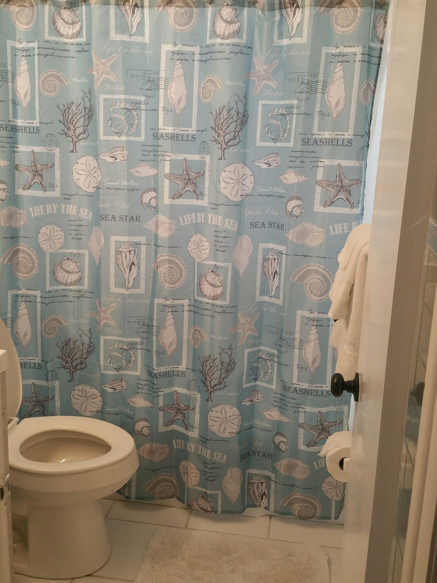 Une salle de bain avec un rideau de douche aux motifs bleus évoquant le bord de mer, des toilettes et un porte-serviettes.