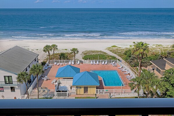 On the beach, sun loungers, beach towels