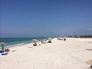 Une plage où des gens se prélassent au soleil et se promènent le long du rivage.
