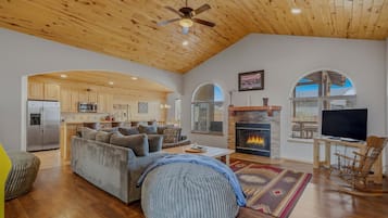 Smart TV, fireplace, foosball