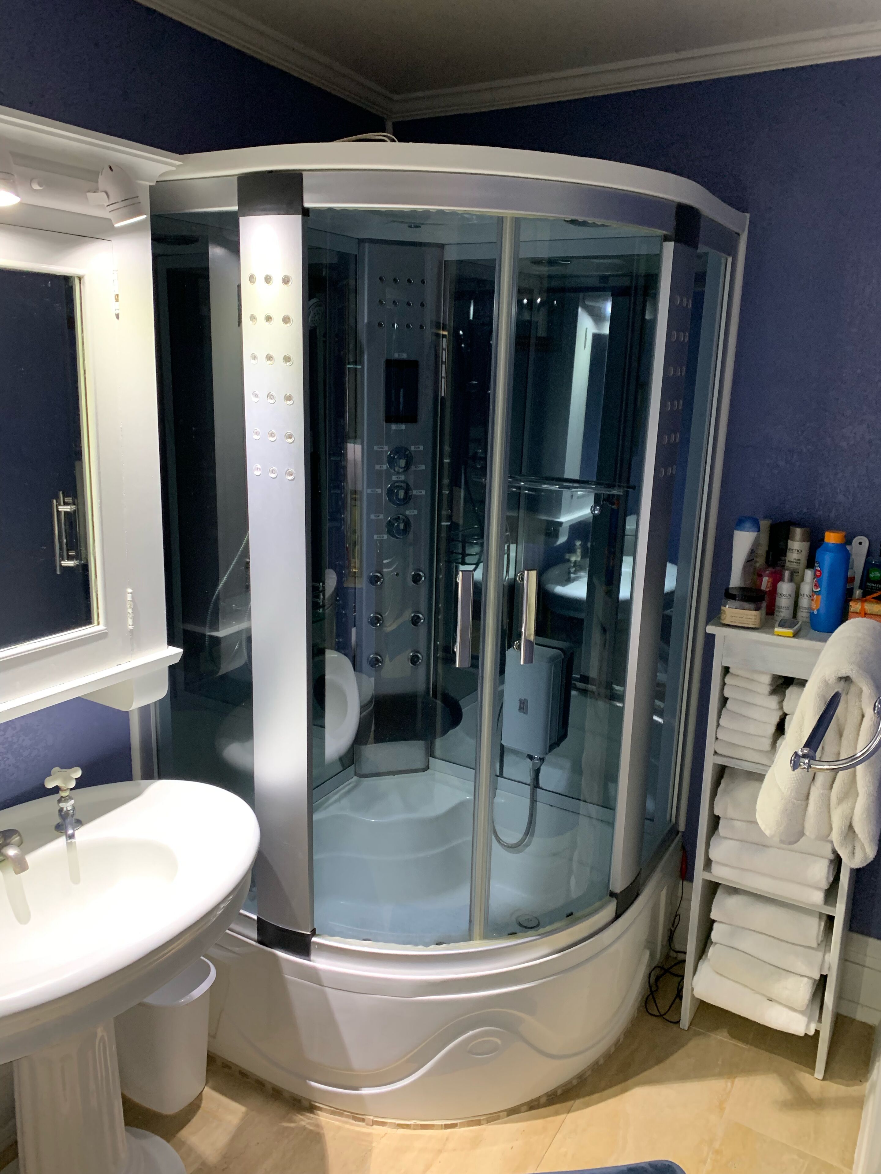 A modern bathroom with a glass-enclosed shower, a sink, and a towel rack.