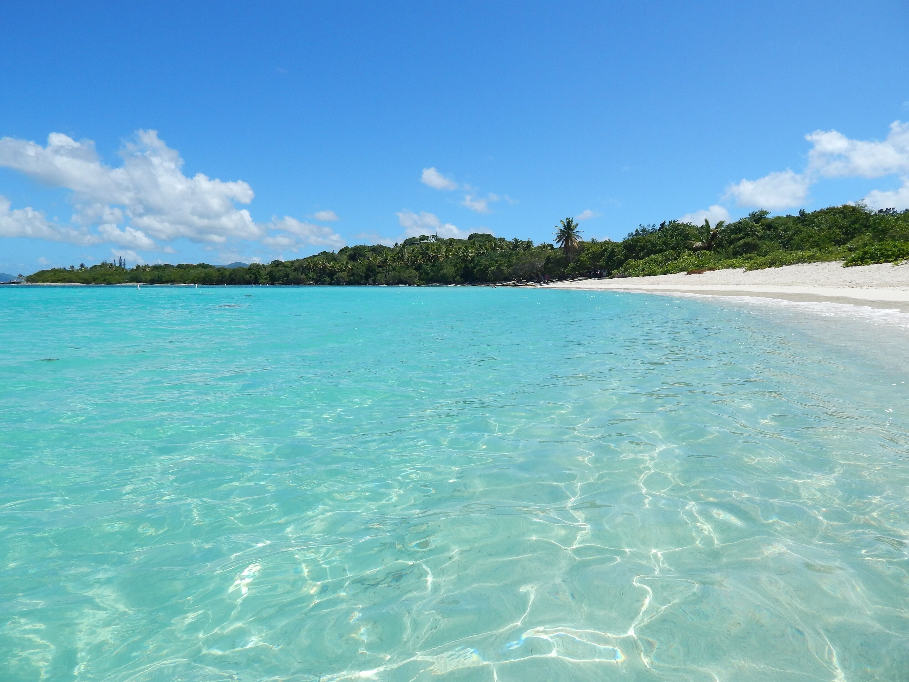 Una playa con agua turquesa cristalina, arena blanca y una colina boscosa al fondo.
