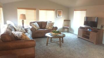 Smart TV, fireplace, DVD player, books