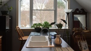 Una cocina con un ventanal grande, un lavamanos, una silla, una mesa y una planta en maceta.