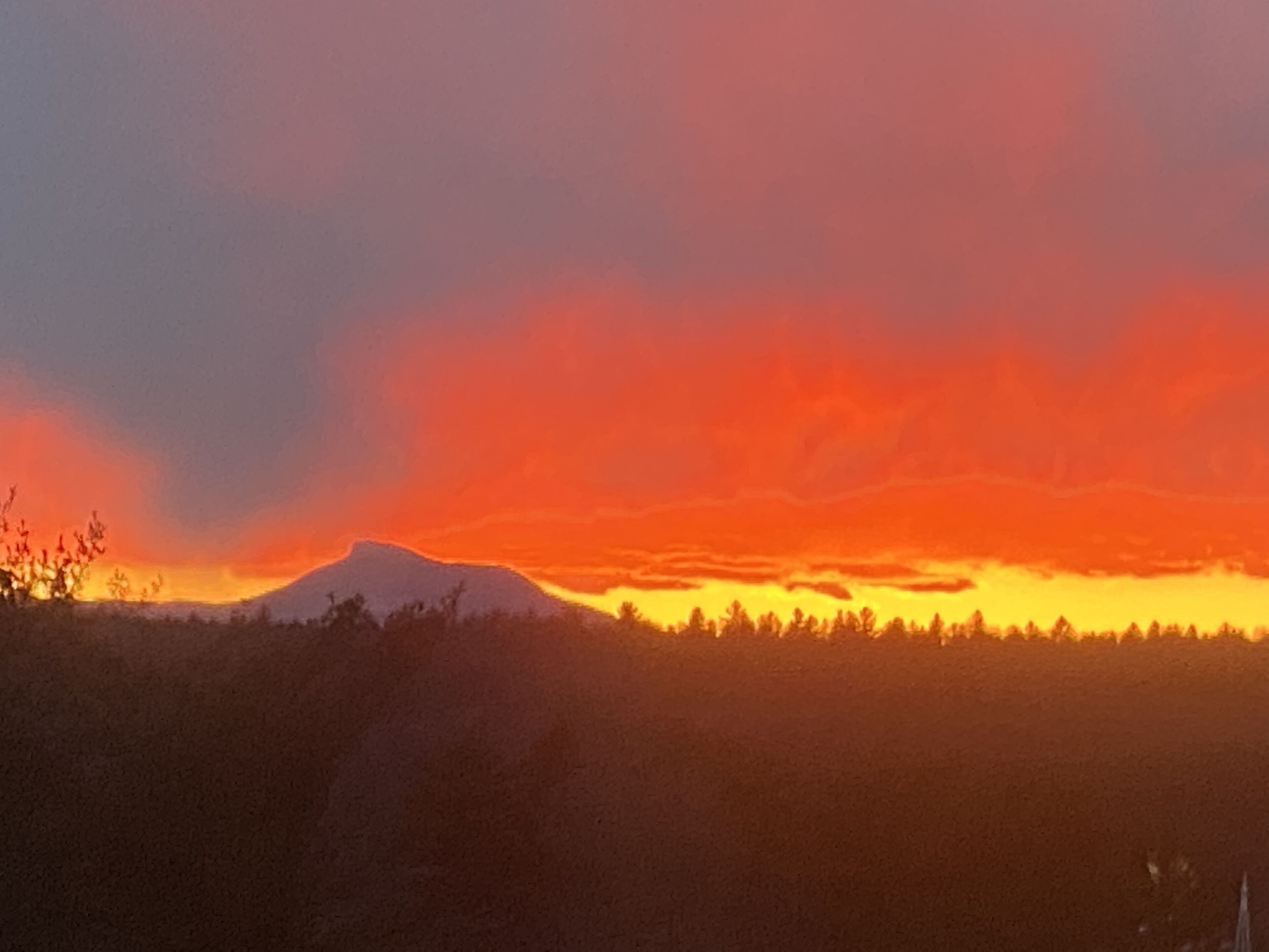 A mountain landscape at sunset with a forest in the foreground.