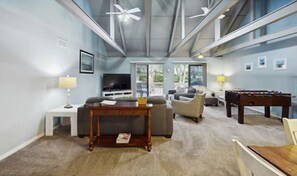 Smart TV, DVD player, table football, books