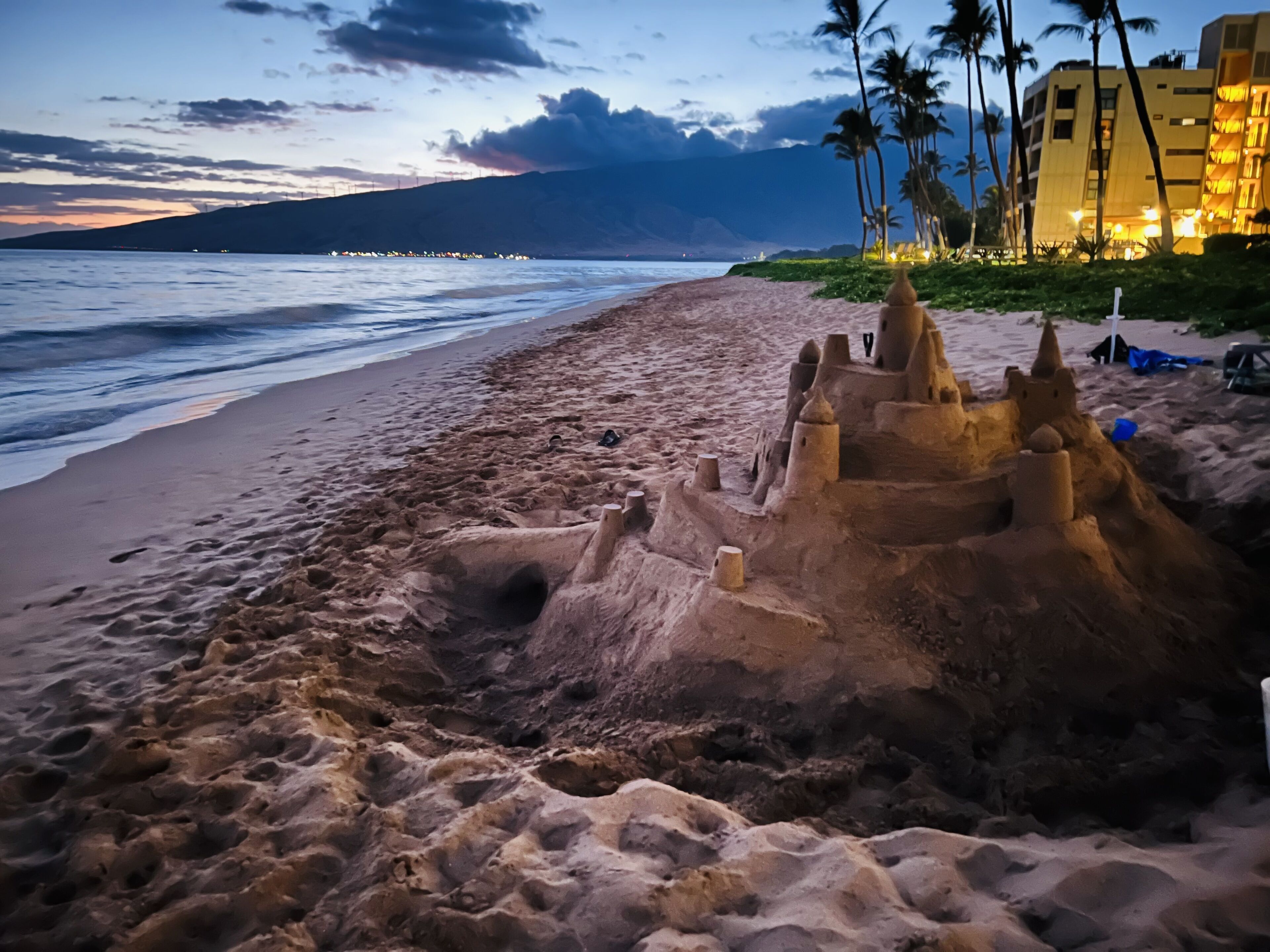 Una playa con un castillo de arena y palmeras.