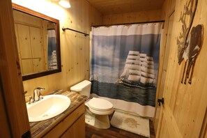 Combined shower/bathtub, hair dryer, towels, soap