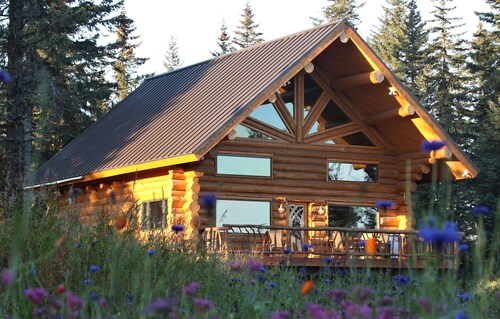 Unique Alaskan log home in trees & wild flowers on 14-acre private homestead.