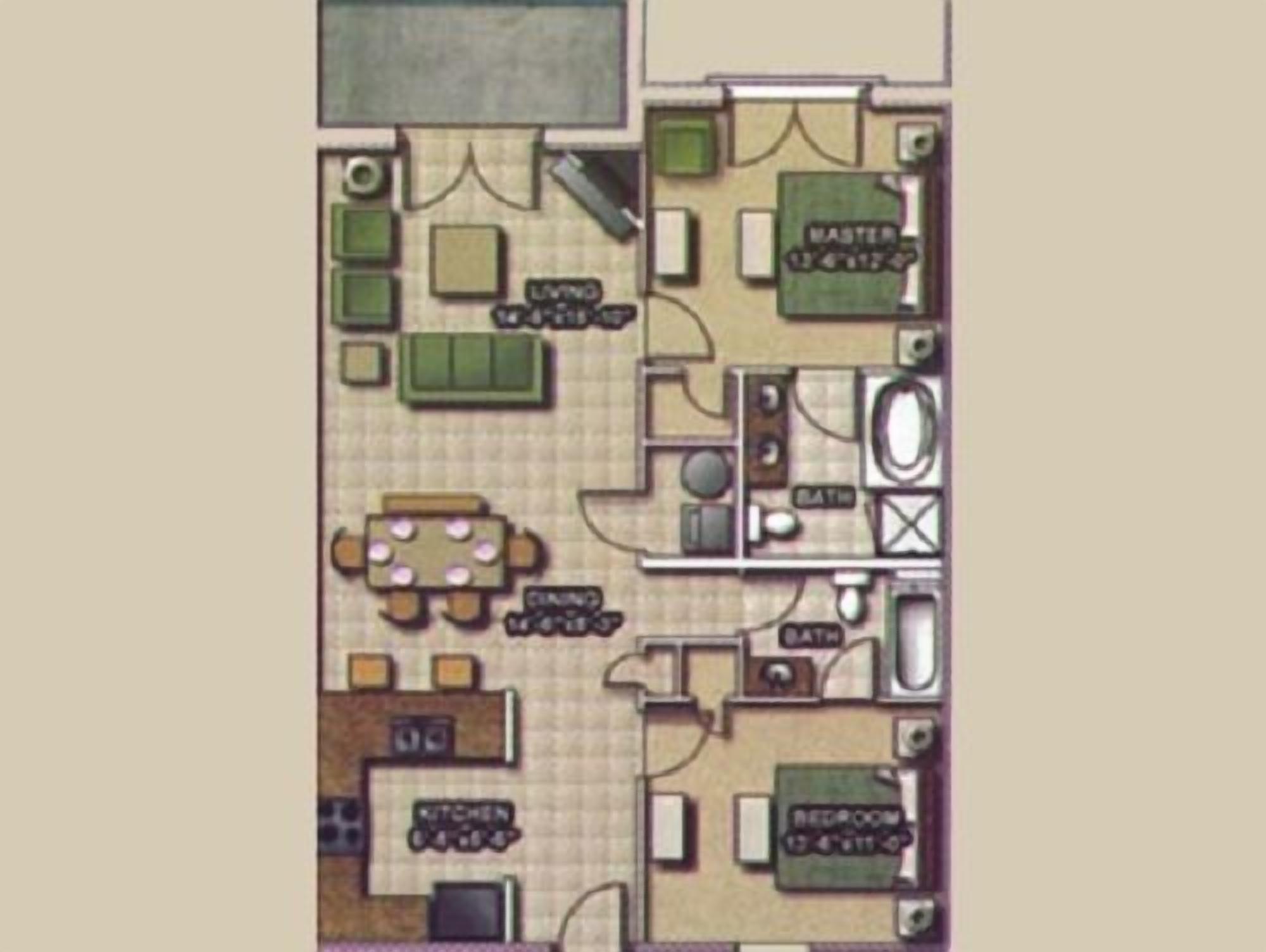 A floor plan of a hotel with a living room, kitchen, master bedroom, and two smaller bedrooms.