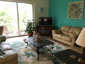 TV connectée, table de tennis de table, livres, chaîne hi-fi