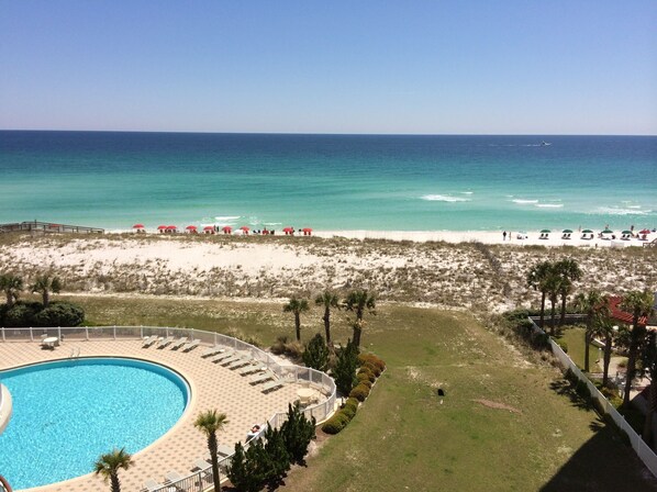 On the beach, sun loungers, beach towels