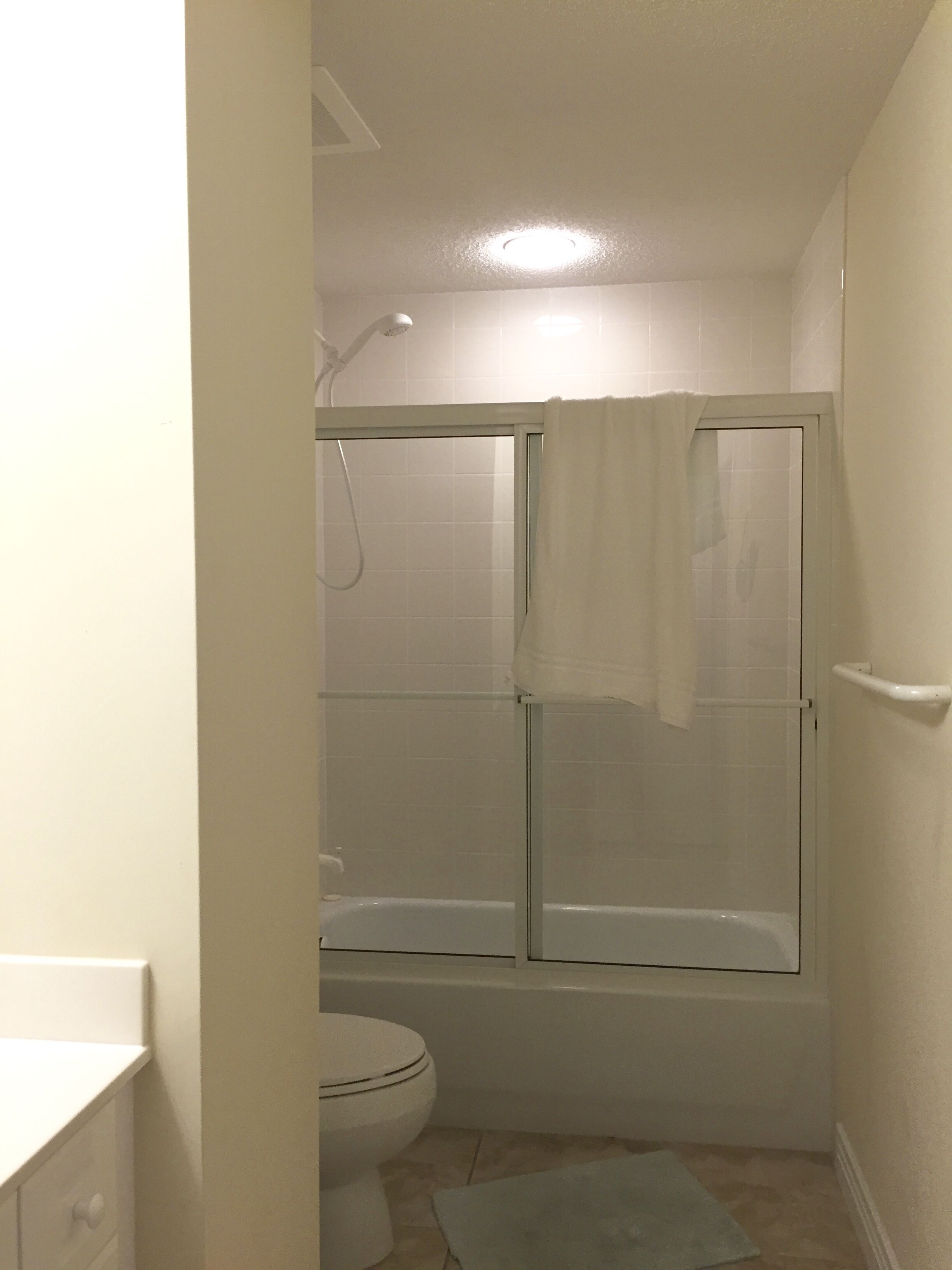 A small bathroom with a toilet, a bathtub, and a shower enclosure.