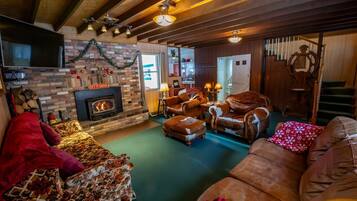 Smart TV, fireplace, DVD player, books