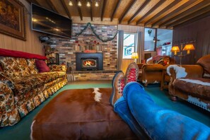 Smart TV, fireplace, DVD player, books