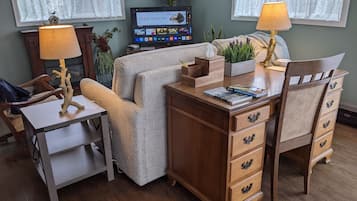 Smart TV, fireplace, books