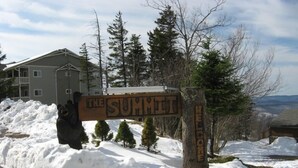 A wooden sign with "THE SUMMIT" and "WELCOME" carved into it, surrounded by snow and trees.