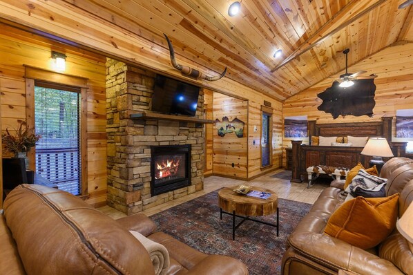 Flat-screen TV, fireplace