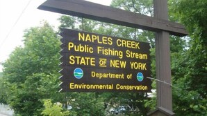 Un panneau indiquant le site de pêche publique de Naples Creek, situé dans l’État de New York et géré par le ministère de la Protection de l’environnement.