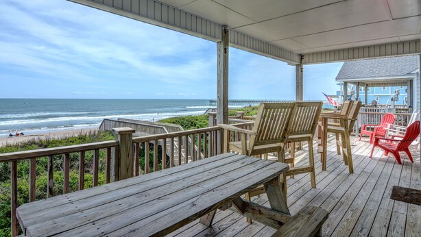 A wooden deck with a view of the ocean and beach. - "Comes A Time" Oceanfront - Best Surf City location, walk to everything! (Surf City)