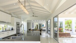 A modern kitchen with a central island, stainless steel appliances, and a large window overlooking a garden. - Luxurious villa with panoramic views and breathtaking private infinity pool !!! (Tamarindo)