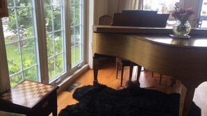 A room with a piano, a small table with a chessboard, and a black furry rug.
