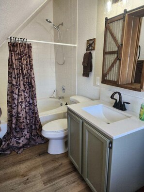 Combined shower/tub, hair dryer, towels, toilet paper