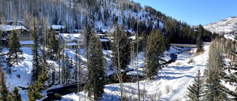 A snow-covered landscape with a lodge and cabins, surrounded by trees and a mountain.