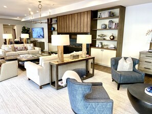 電視、壁爐、DVD 播放機、書籍