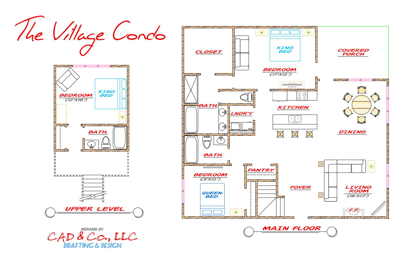 A floor plan of The Village Condo with labeled rooms including a king bed, queen bed, bathroom, kitchen, dining area, and living room.
