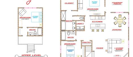 A floor plan of The Village Condo with labeled rooms including a king bed, queen bed, bathroom, kitchen, dining area, and living room.