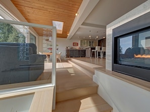 Smart TV, fireplace, DVD player, books