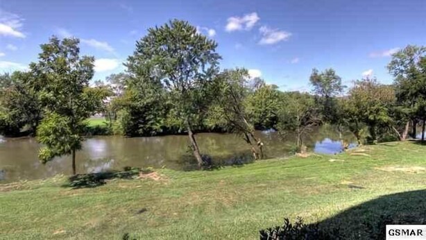 A serene lakeside view with trees and a grassy area.