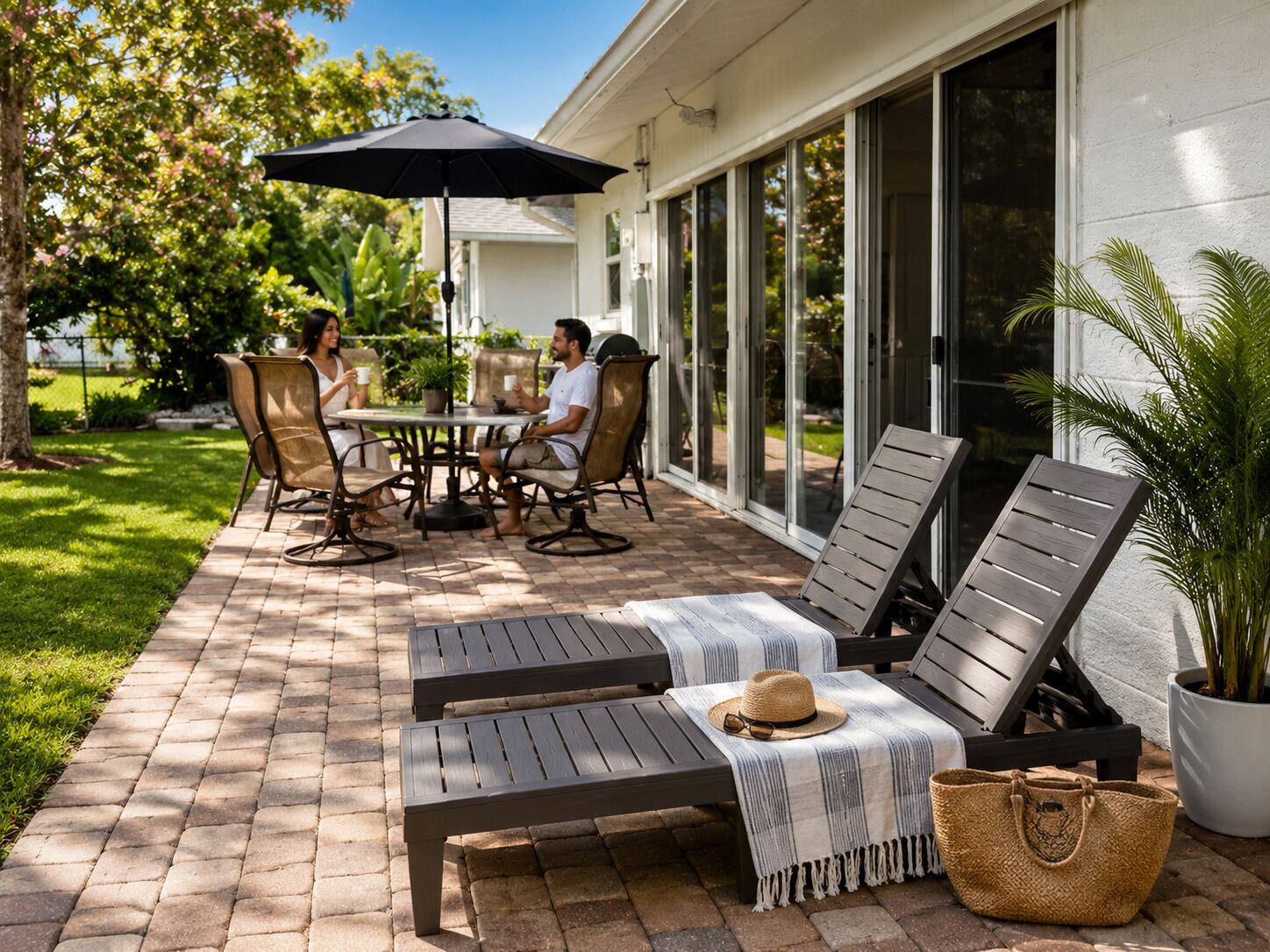 An outdoor patio with a table and chairs, a lounge area with a bench and a hat, and a potted plant.