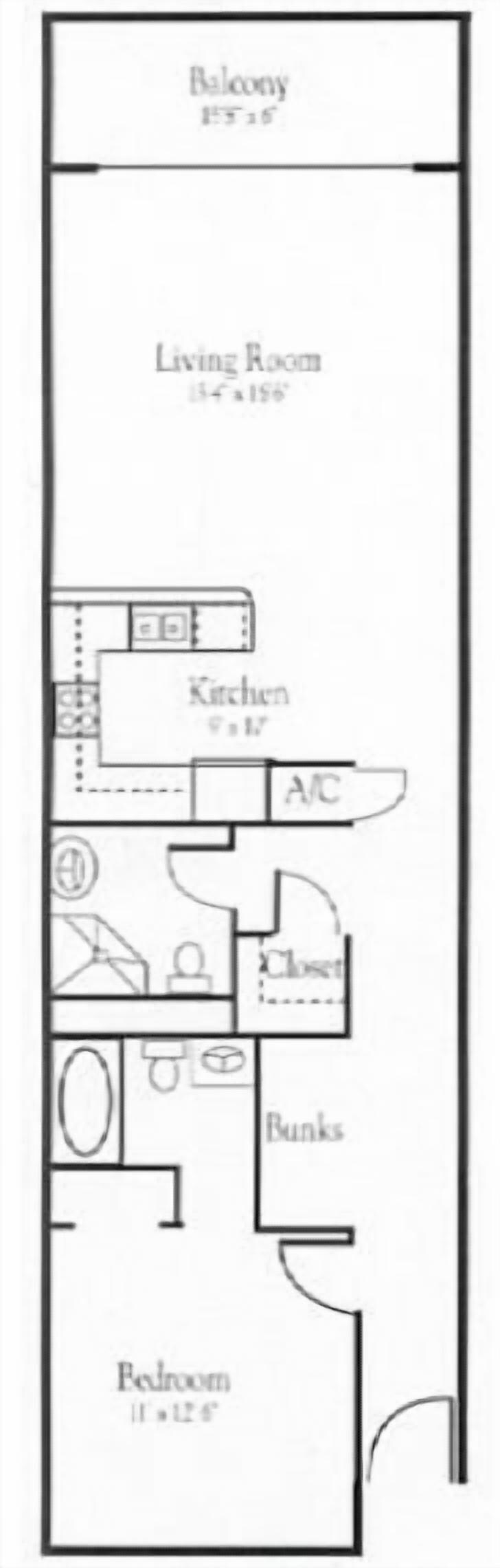 Een plattegrond met een balkon, woonkamer, keuken, badkamer en slaapkamer.